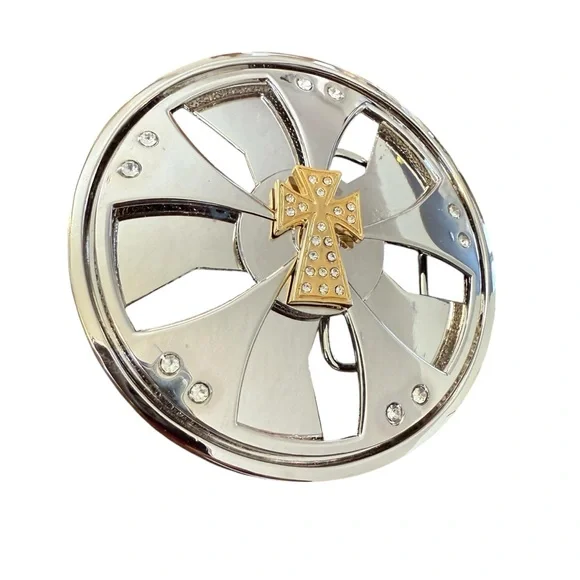 Y2K Spinner Cross Belt Buckle Silver Tone Chrome Rhinestone Metal Industrial l - Picture 3 of 10